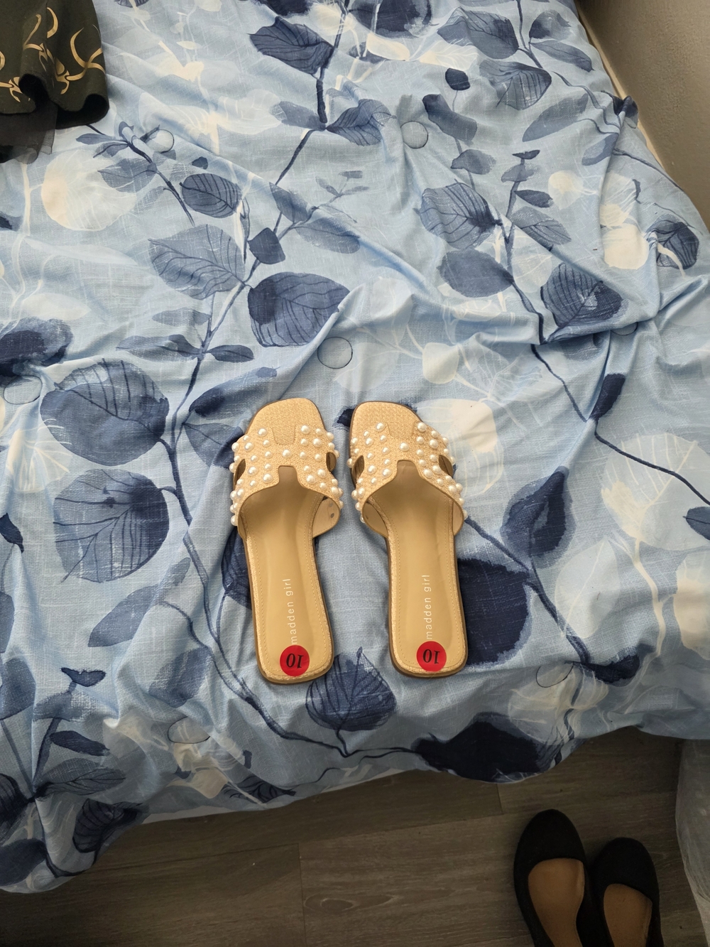 Madden Girl Pearl-Embellished Beige Slide Sandals